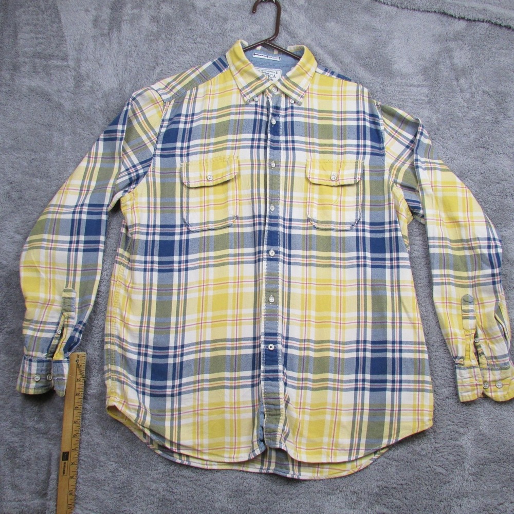 Nautica Shirt Mens Large Yellow Blue Plaid Button Down Long‎ Sleeve Pockets